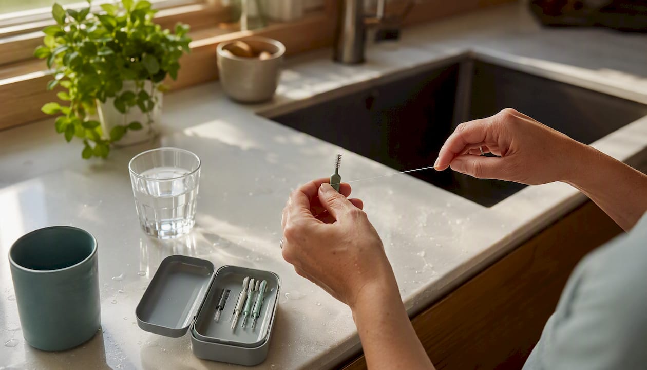Hands using interdental brush and floss near sink