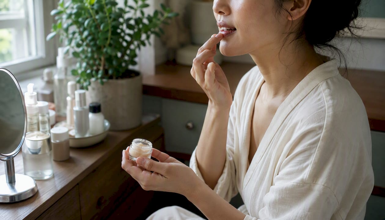 Person applying lip balm after exfoliation
