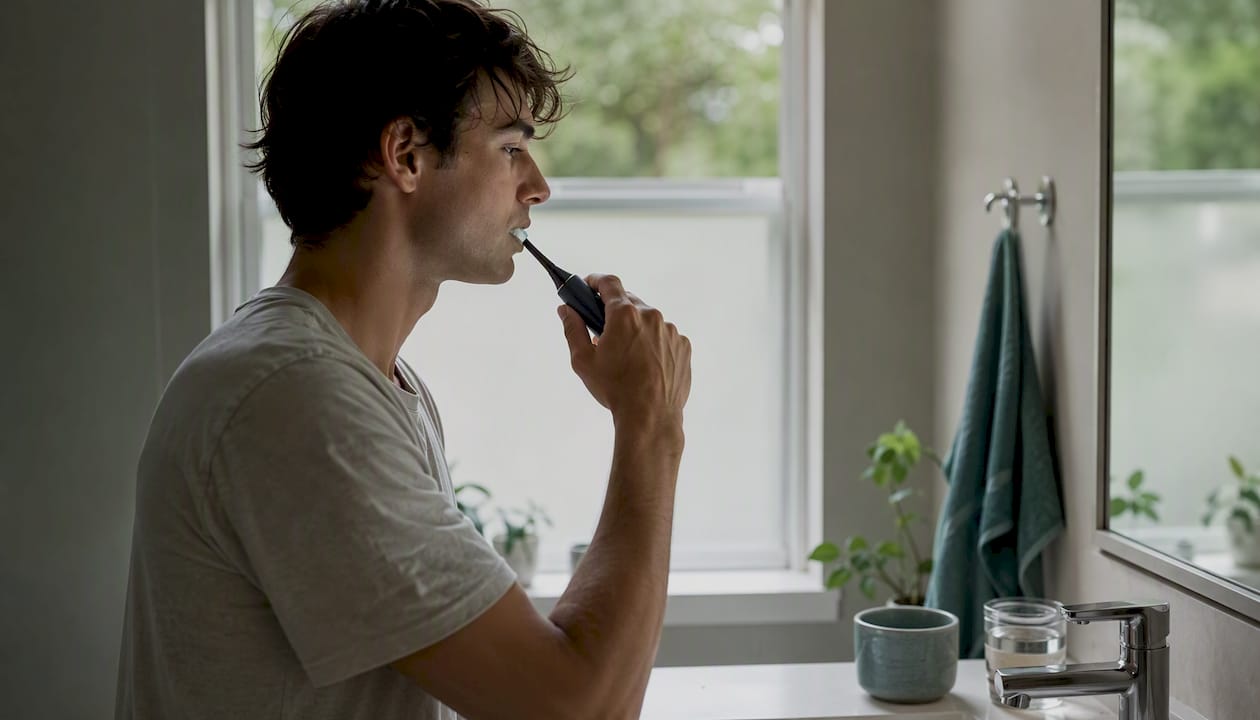 Hand gently brushing teeth with electric toothbrush