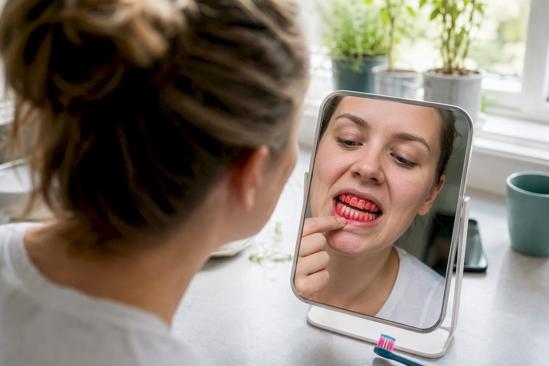 Person viewing stained plaque on teeth in mirror