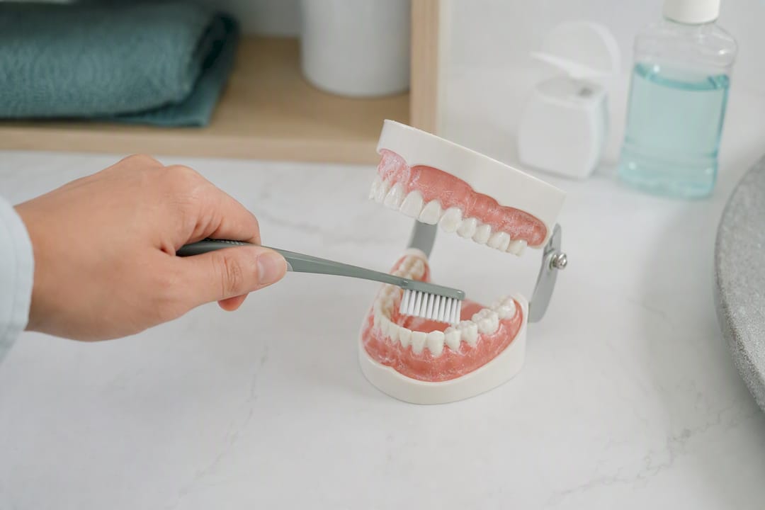 Hand brushing teeth gently with soft toothbrush