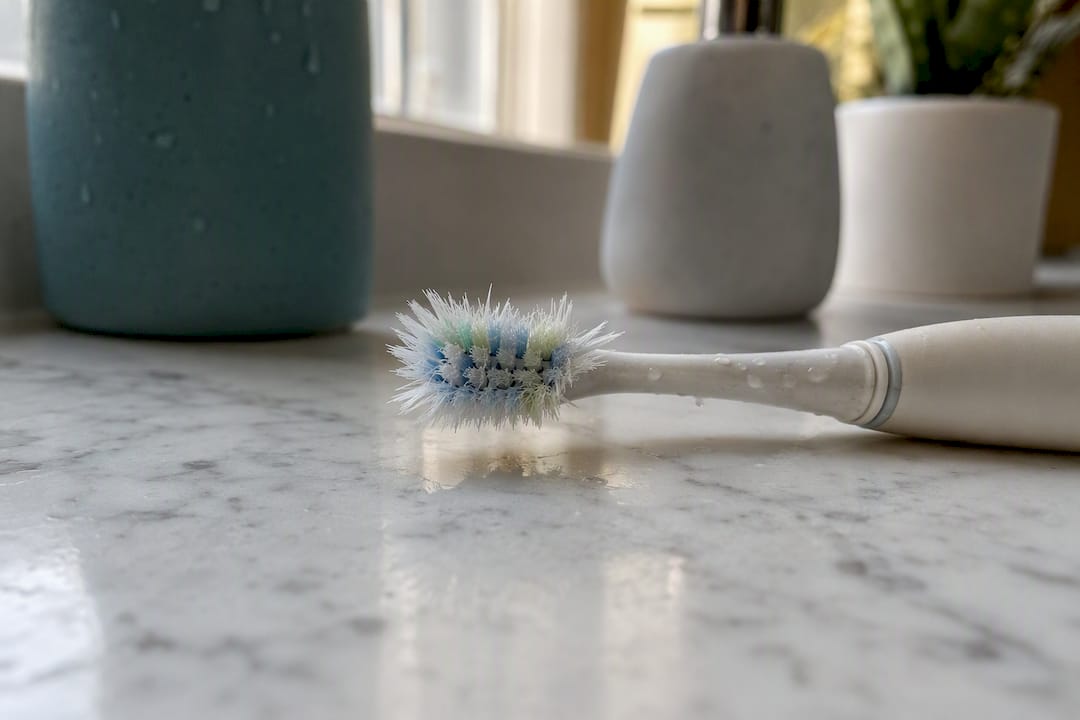 Close-up frayed toothbrush bristles