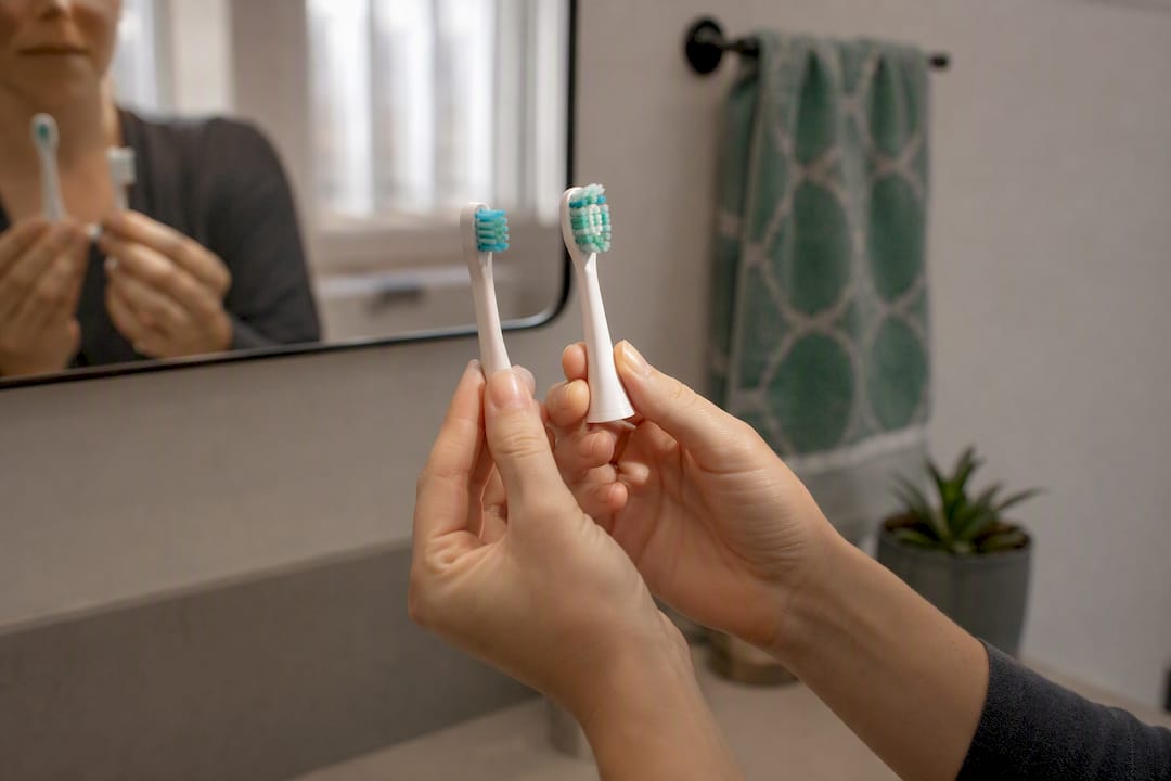 Hands comparing two toothbrush head sizes