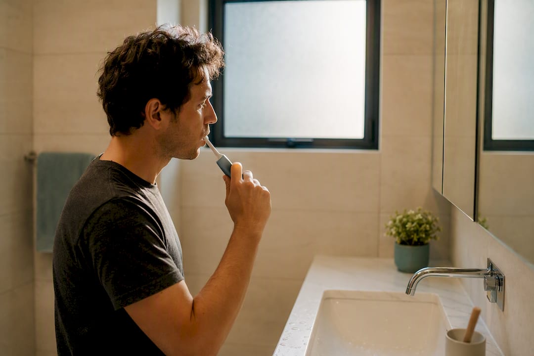 Hand brushing teeth quickly over bathroom sink