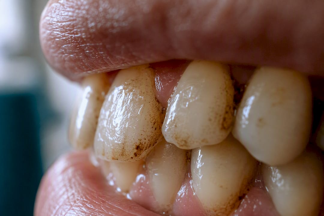 Close-up of teeth plaque trapping coffee stains