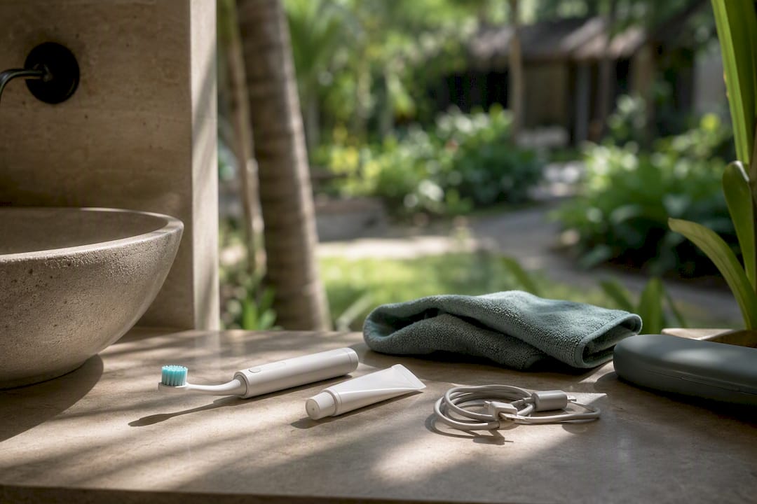 Travel-size oral care accessories on bathroom counter