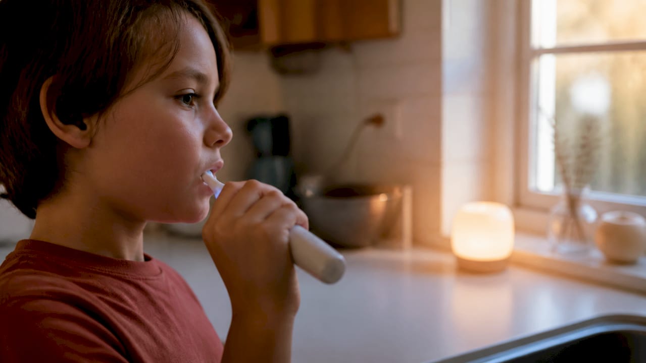 Preteen using electric toothbrush with timer