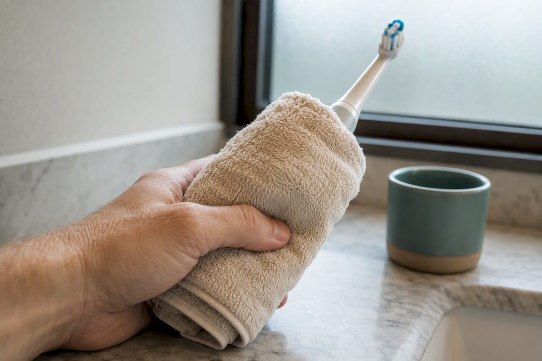 Towel-wrapped toothbrush handle grip