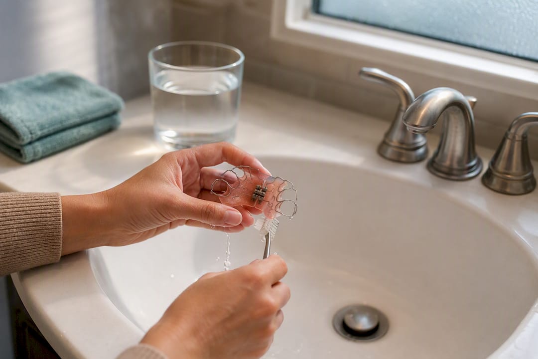 Caregiver rinsing a removable palate expander