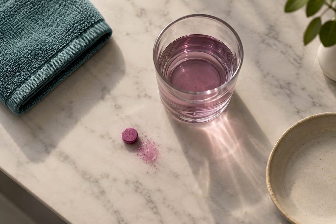 Disclosing tablet beside tinted rinse glass