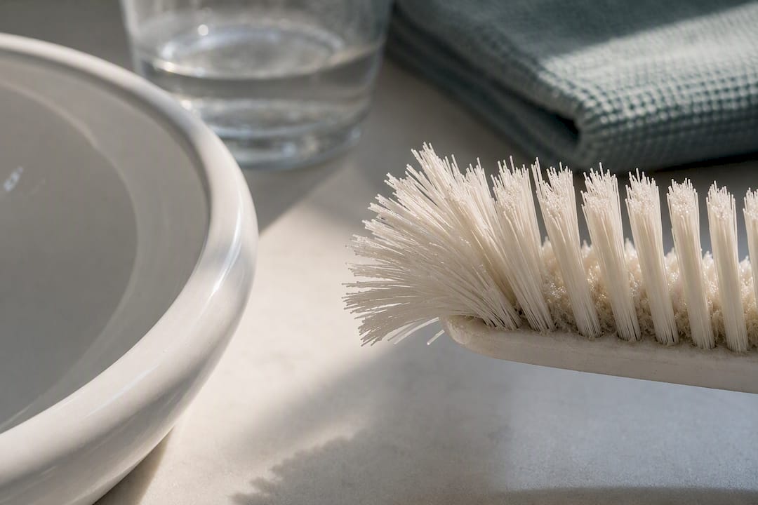 Flared worn bristles beside bathroom basin