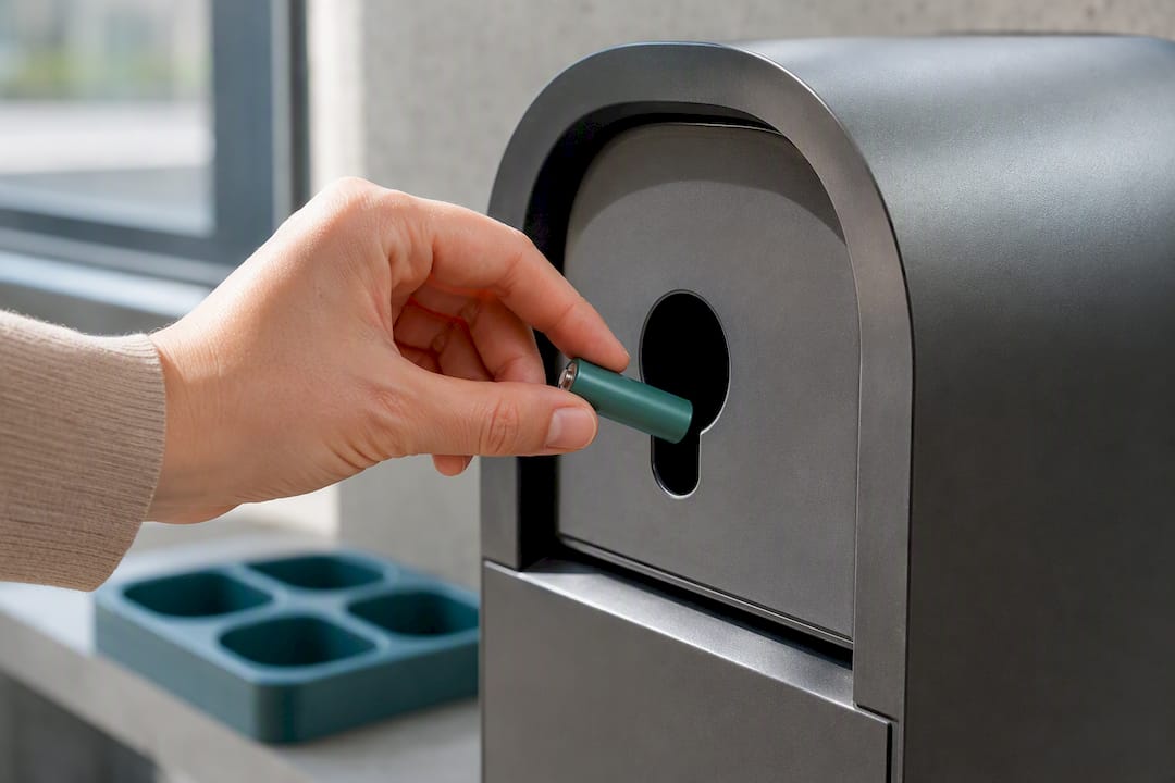 Hand placing rechargeable battery for recycling