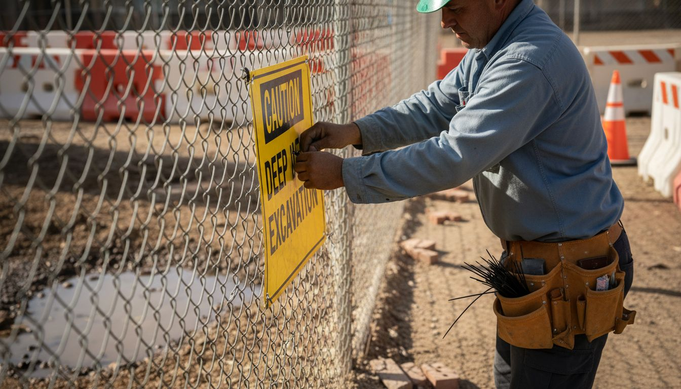Worker attaching temporary warning sign to fence