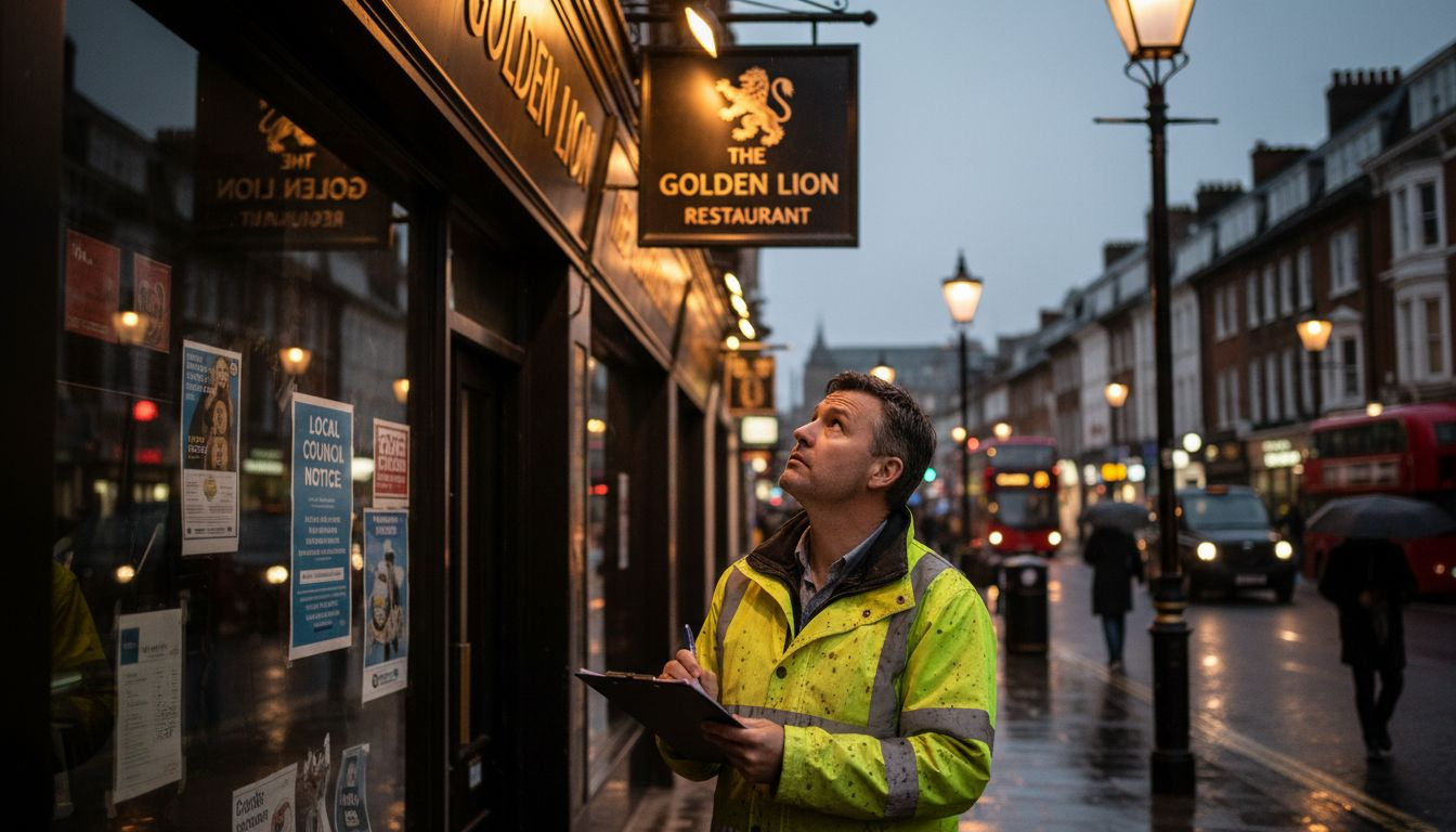 Inspector checking restaurant sign compliance at night