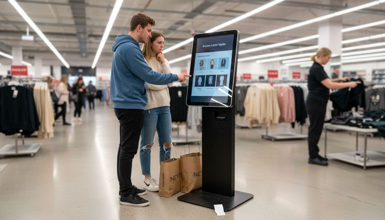 Customers using interactive screen in retail