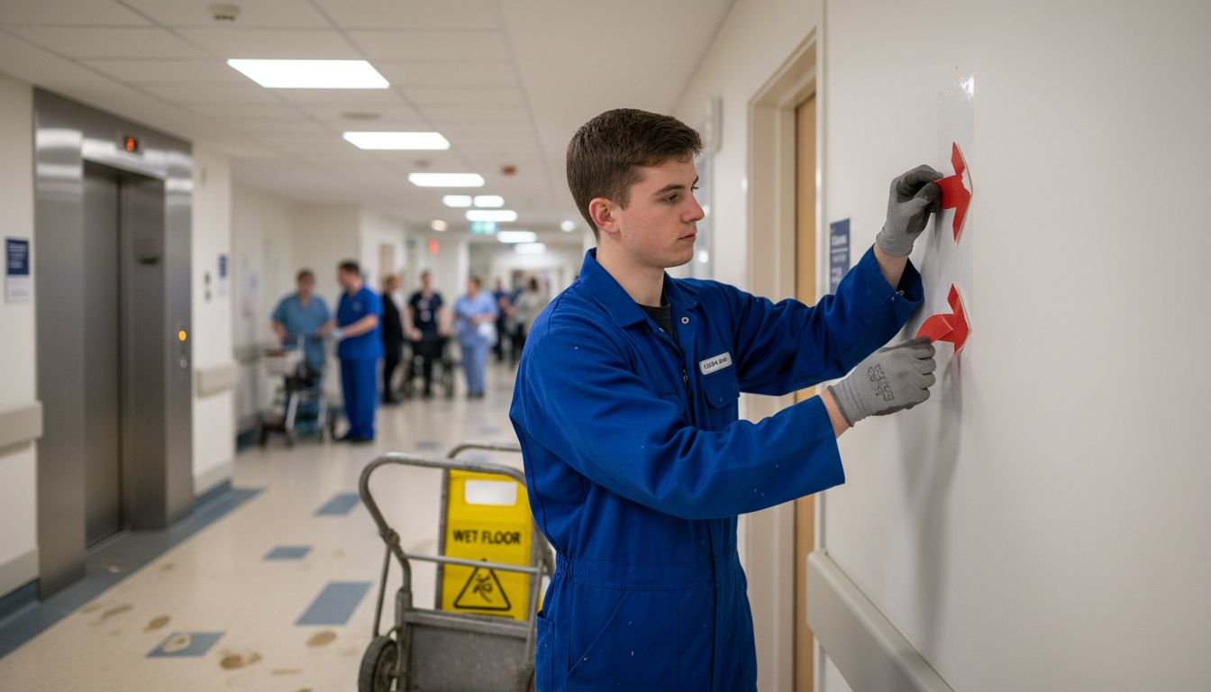 Worker updating hallway directional sign in hospital