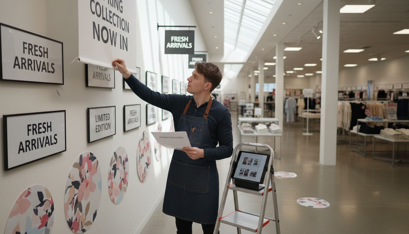 Staff verifying consistent brand signage in store