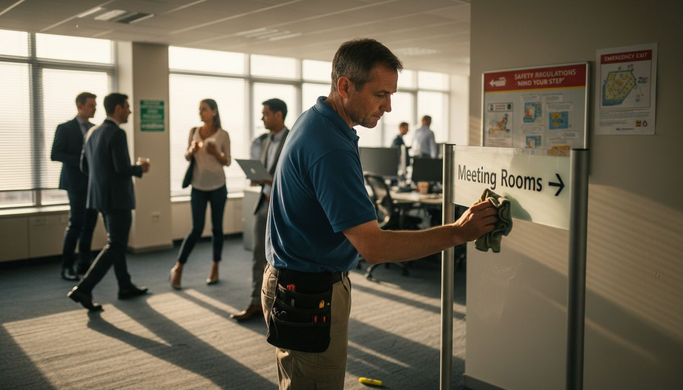 Staff cleaning directional business signage