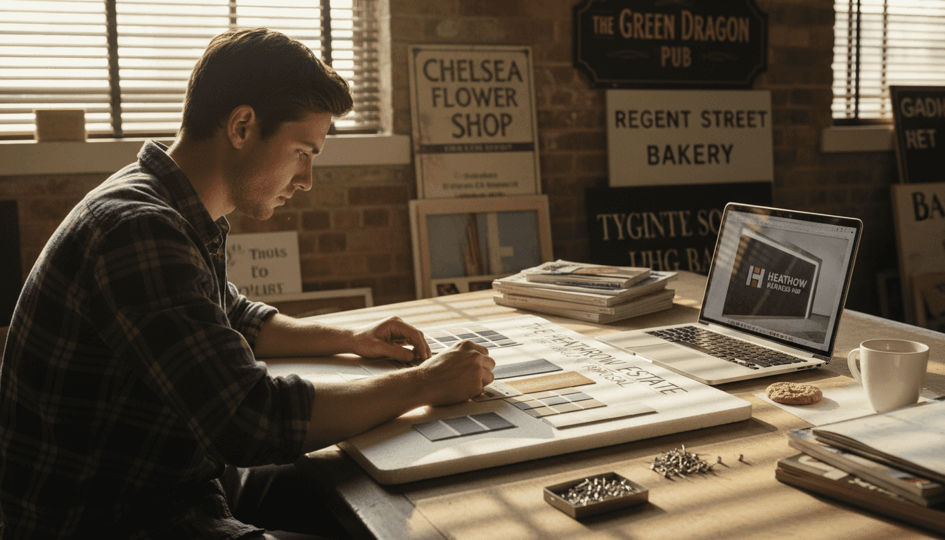 Designer arranging signage colours and typography