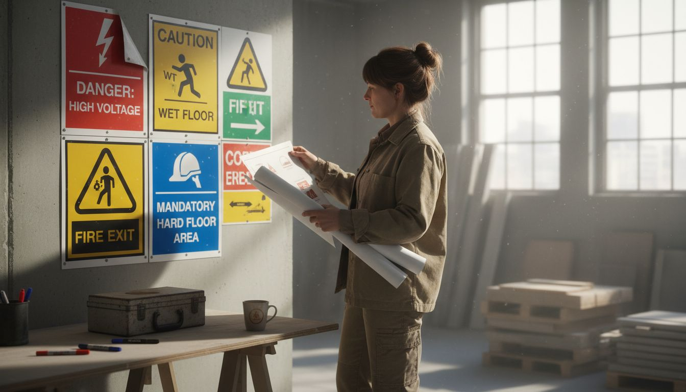 Designer evaluating compliant safety signage