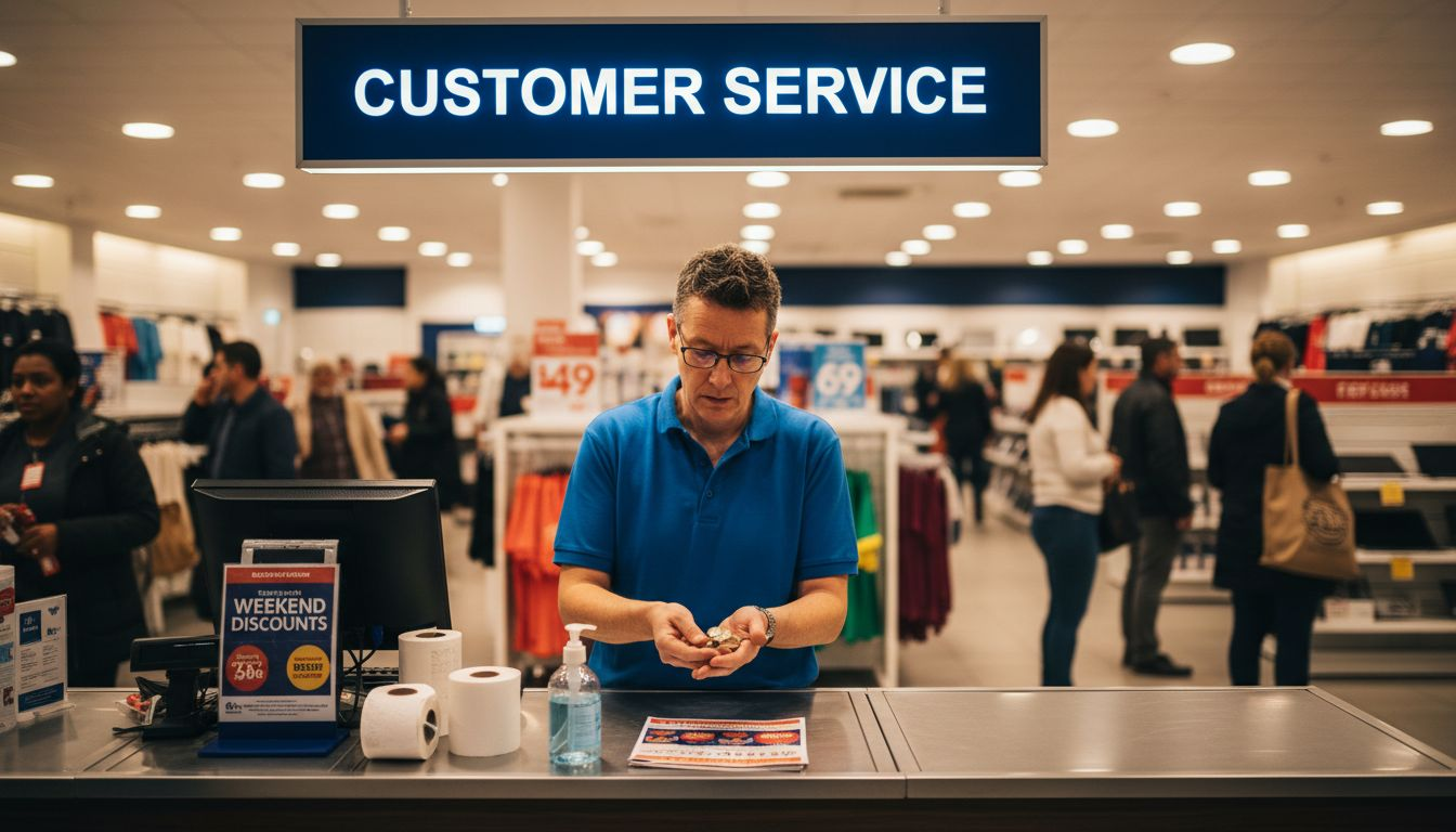 Clerk at checkout with backlit sign overhead