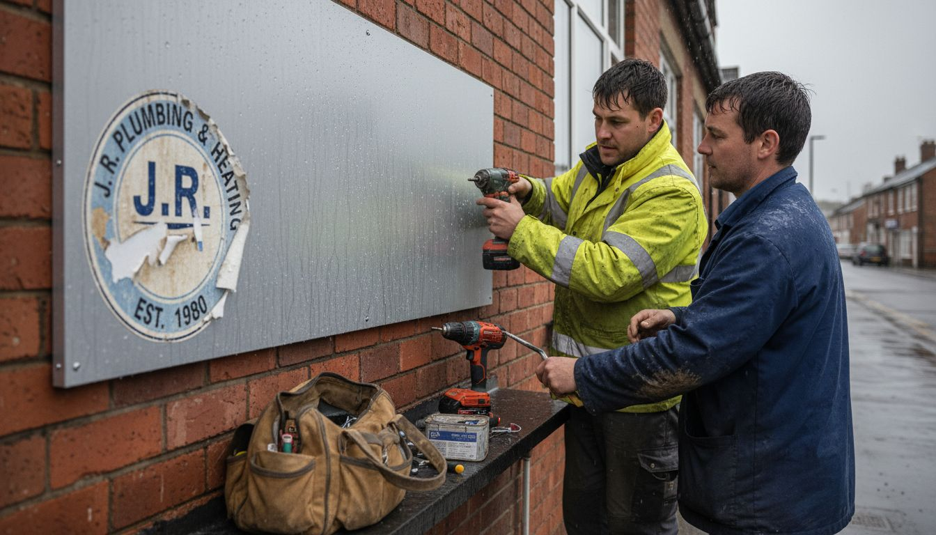 Workers installing aluminium sign panel in rain