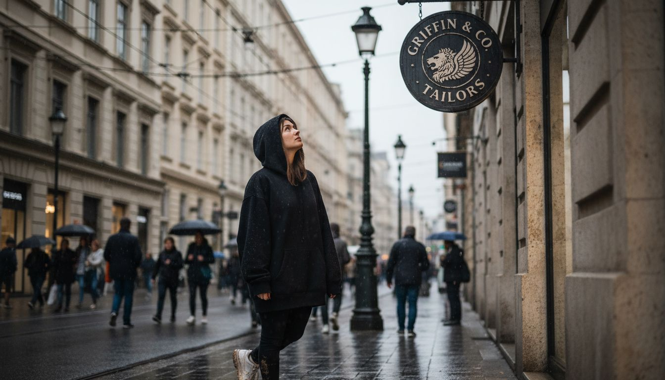 Person viewing projecting business sign in rain