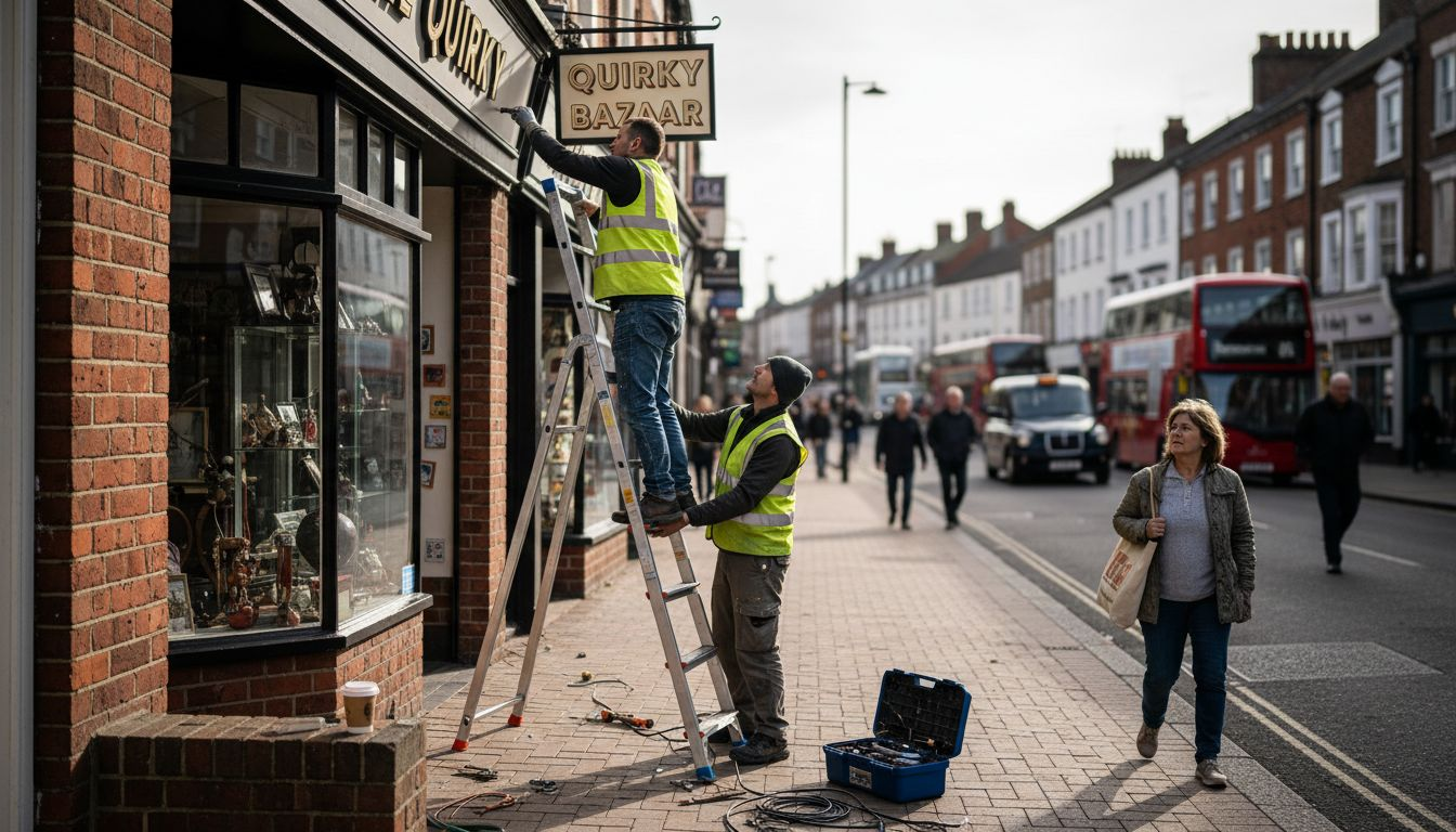 Installers fitting illuminated shop signage