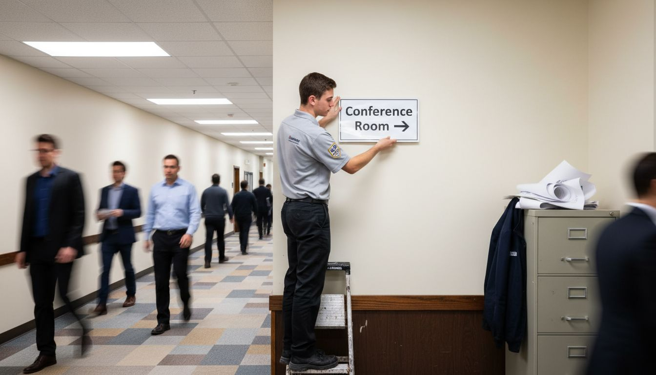 Worker installing interior office signage