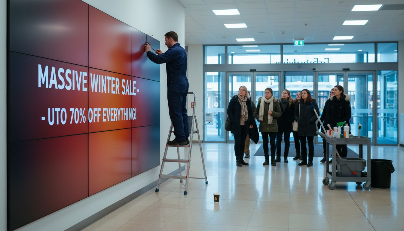 Technician adjusting lobby video wall signage