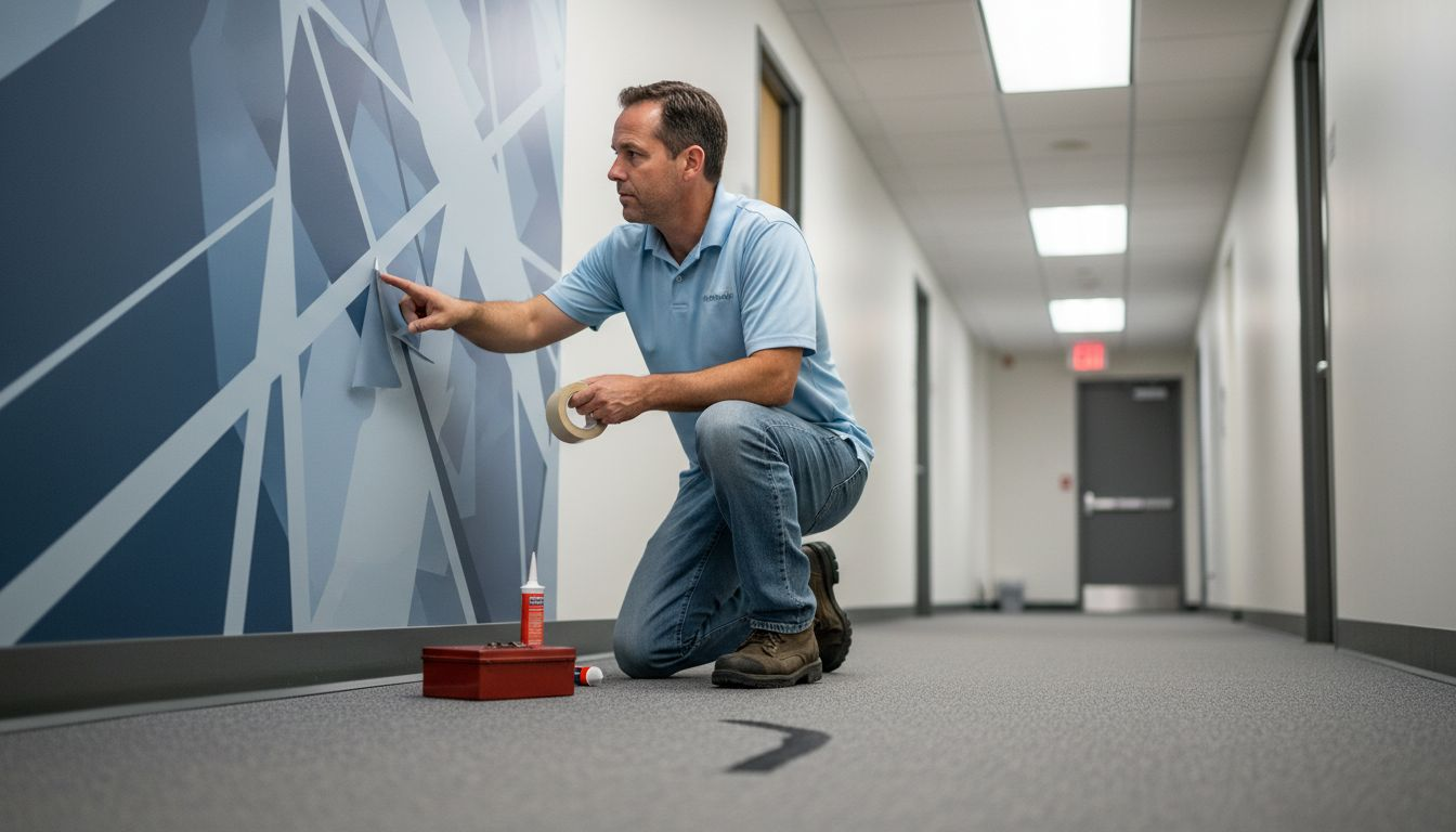 Facilities manager inspecting vinyl office signage