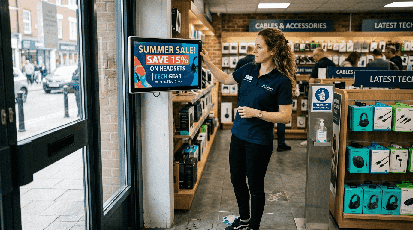 Manager adjusting digital promotion sign inside store