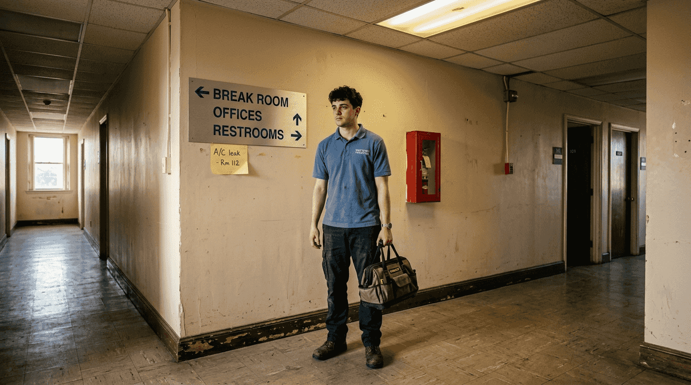 Worker and directional sign at hallway junction
