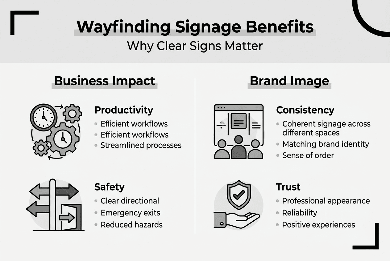 Infographic showing wayfinding signage business benefits