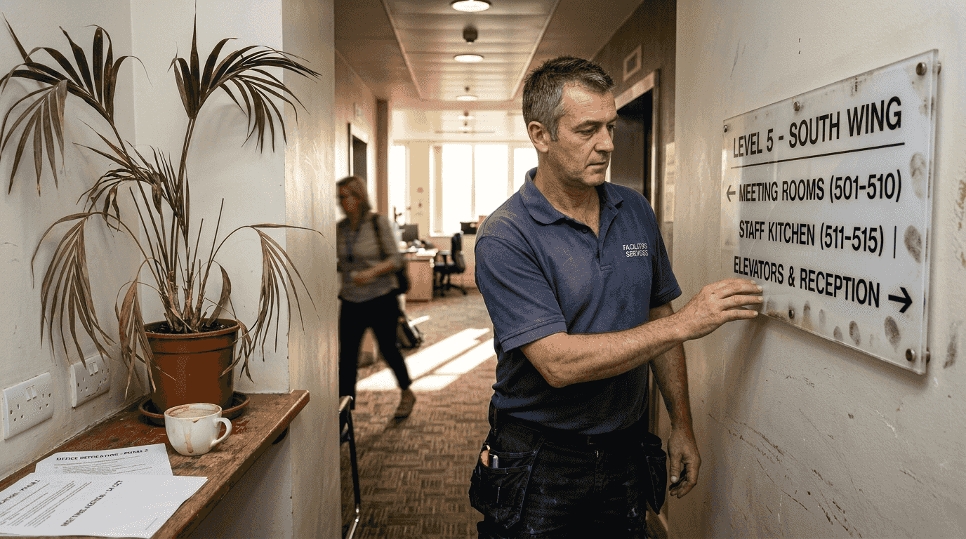 Facilities worker checks sign durability near hallway