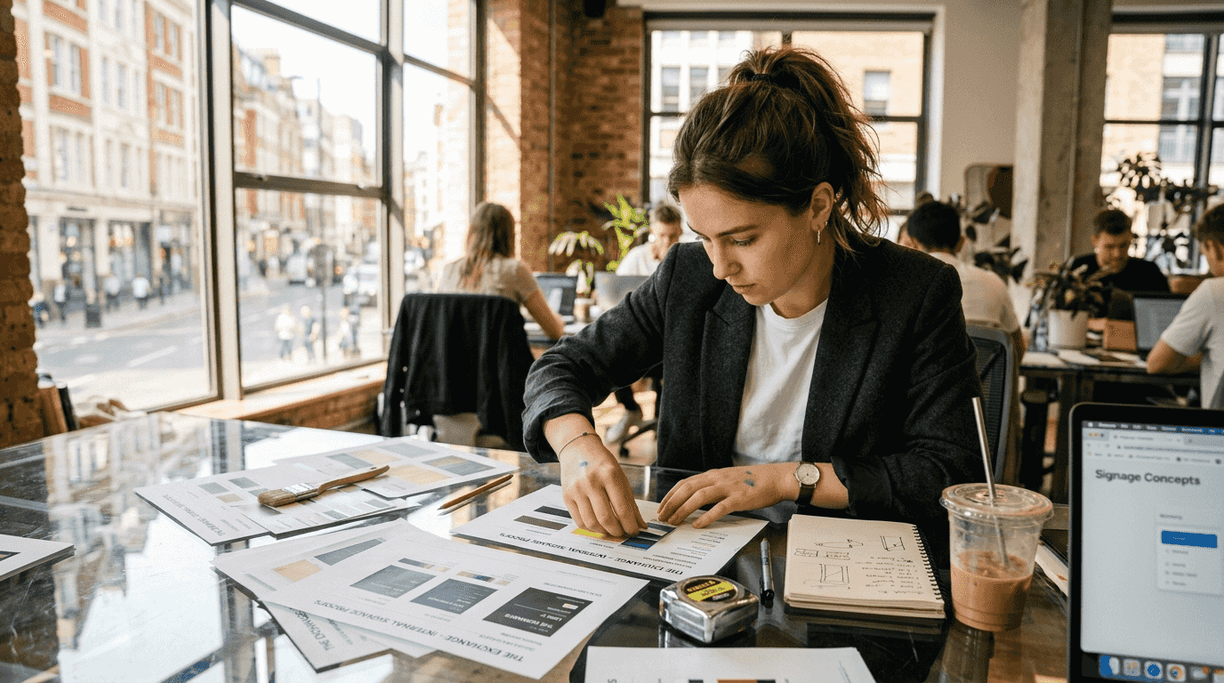 Designer reviewing indoor signage design proofs