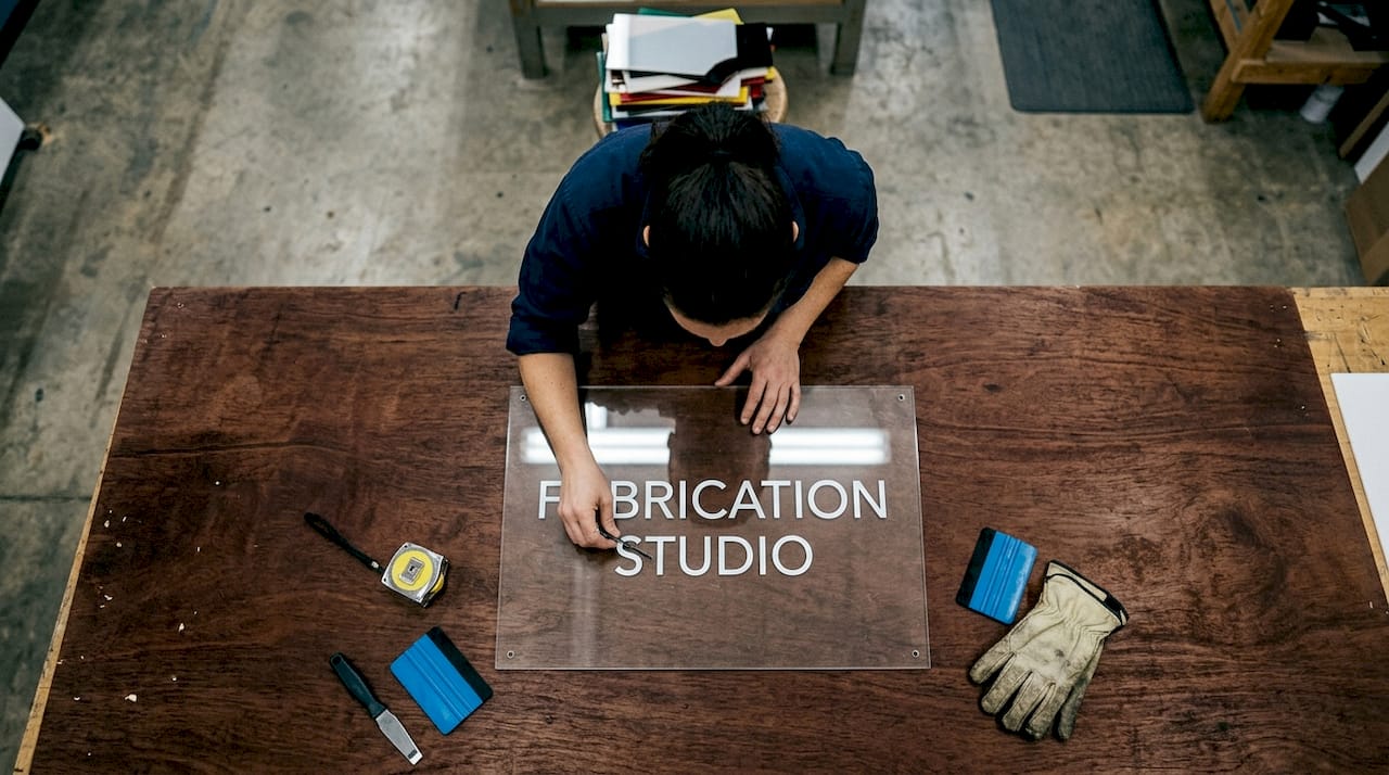 Technician working on acrylic sign at fabrication table