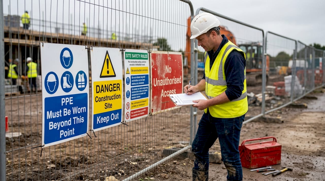 Site manager checks safety signage on fencing
