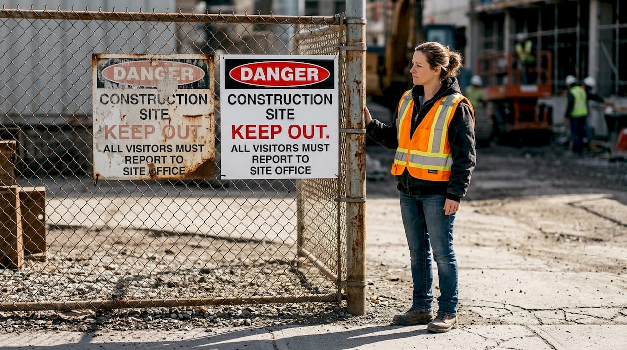 Worker comparing new and faded safety signs