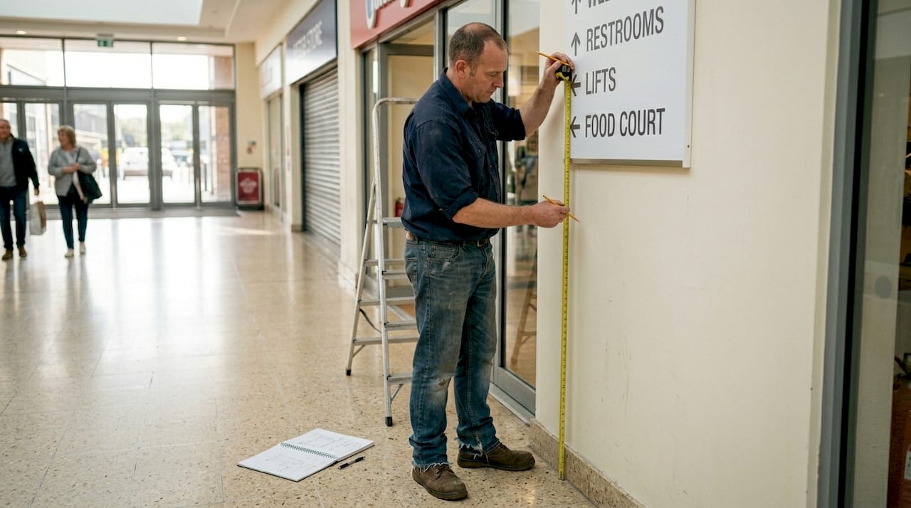Worker measuring sign height in retail hallway