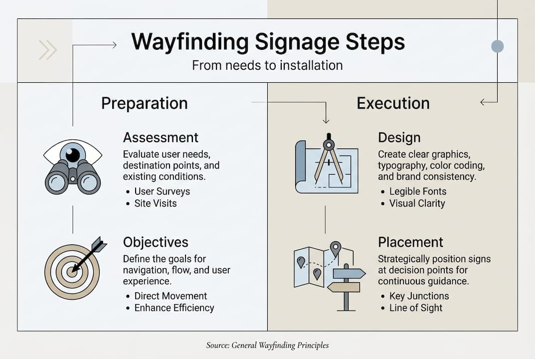 Infographic summarizing steps for wayfinding signage