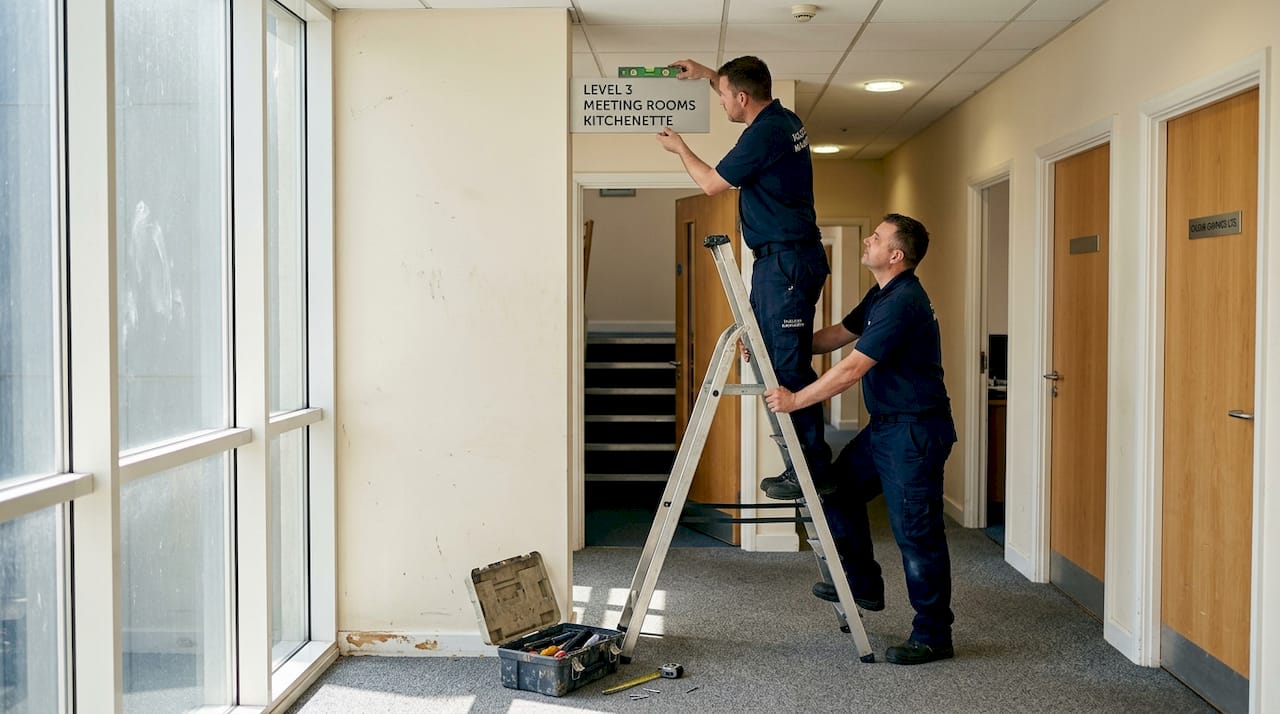 Staff installing clear directional sign near stairwell