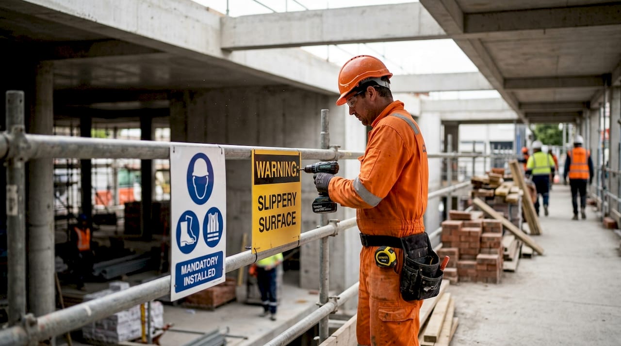 Worker installs safety sign at correct height