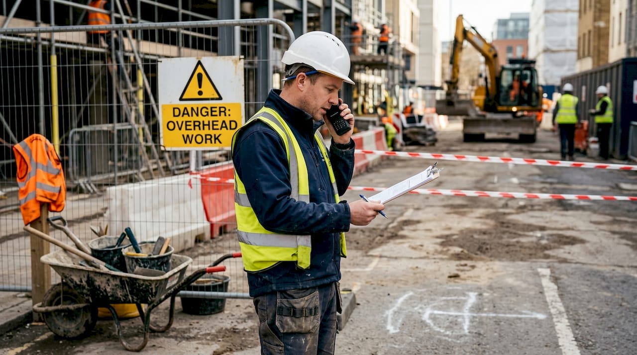 Supervisor near warning sign at hazard area