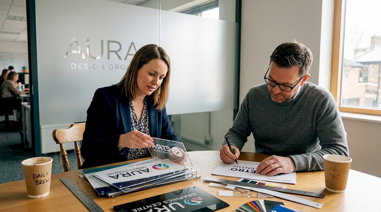 Team reviews custom signage designs