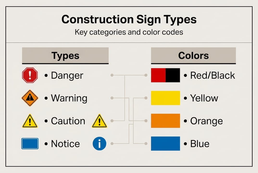 Infographic shows key construction sign types and colors