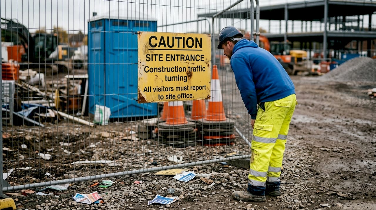 Worker reading weathered construction caution sign