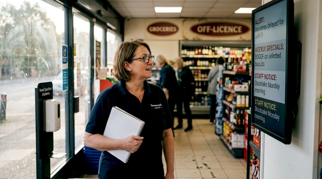 Shop manager checking digital and physical signage