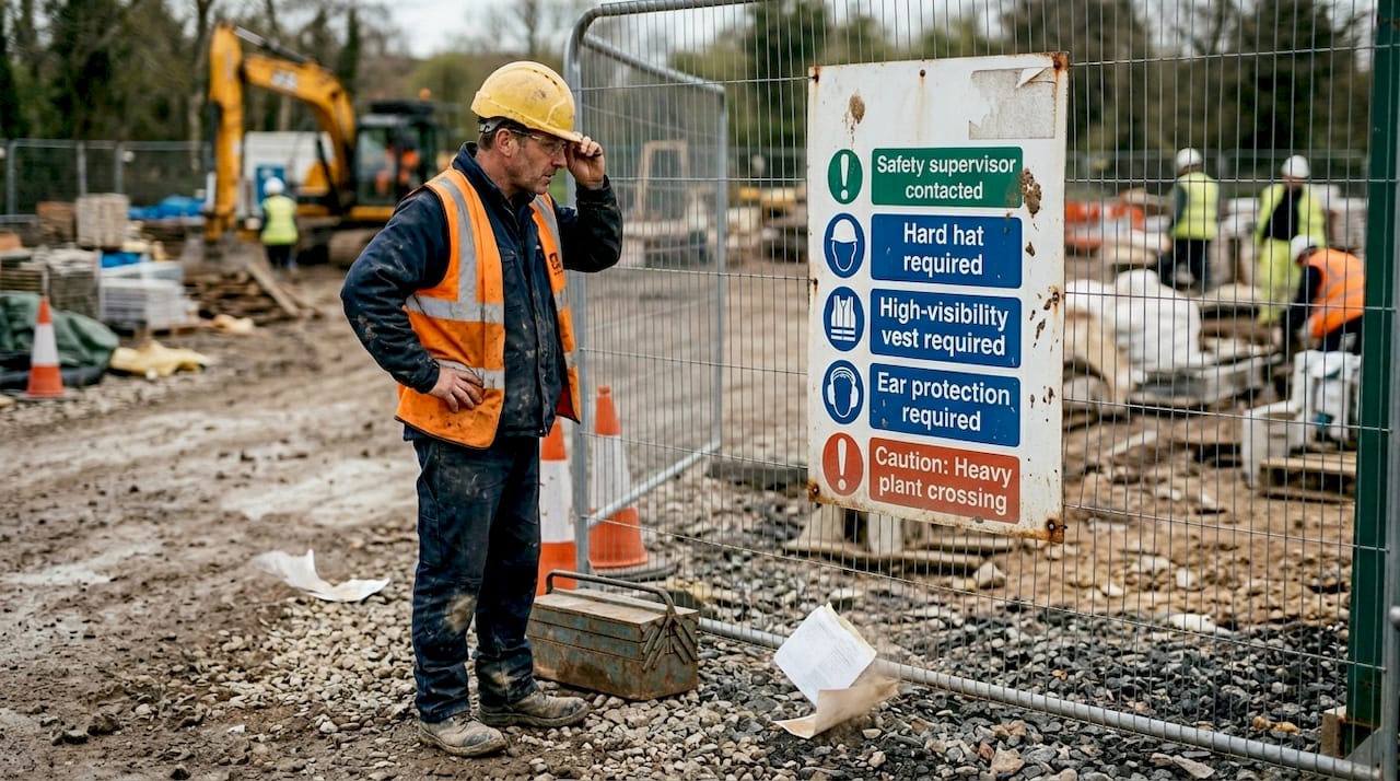 Supervisor checking safety sign at construction site