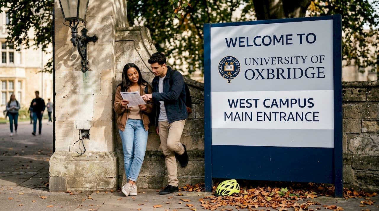 Students at campus entrance with branded sign